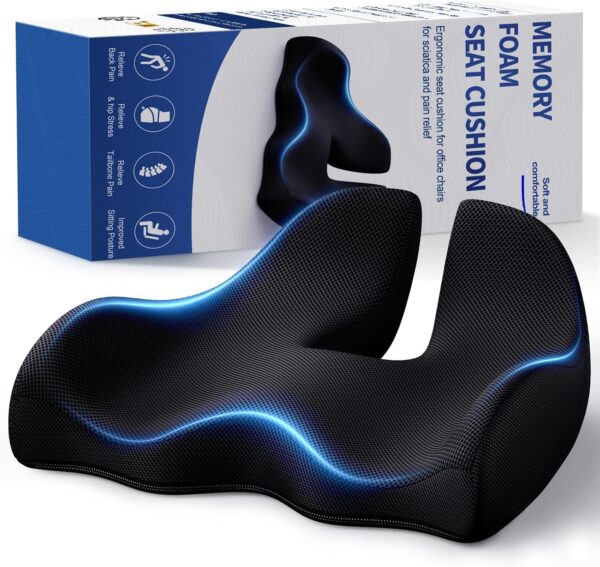 Benazcap Memory Seat Cushion for Office Chair Ergonomic Cushions Pad Pillow for Pressure Relief Sciatica & Pain Relief Memory Foam for Long Sitting for Gaming Chair and Car Seat Black