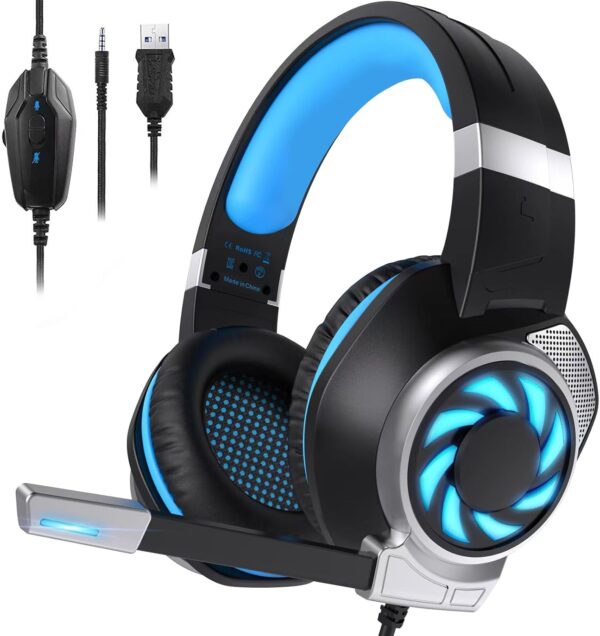 Gaming Headset for PS4, Xbox One, PC, PS5, Laptop, Mac, Nintendo Switch, 3.5MM Noise Cancelling Over Ear Headphones with Mic, Bass Surround, Soft Memory Earmuffs (New Blue)