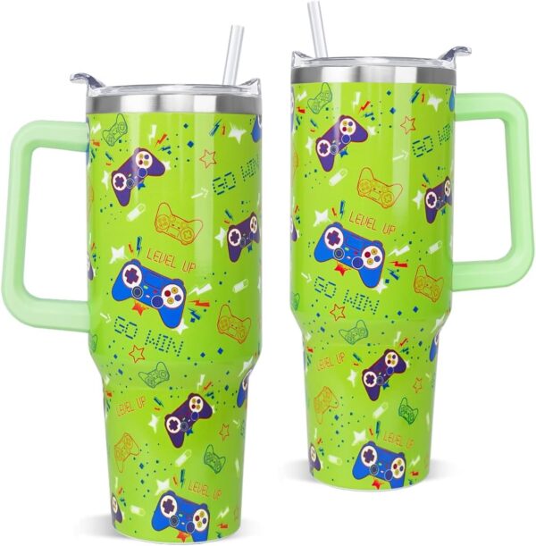Gaming Tumbler with Handle and Straw Game Cup Coffee Travel Mug Gamer Gifts for Gamers Men Dad Papa Husband Boy Son Boyfriend-40 oz Gaming Gear Green