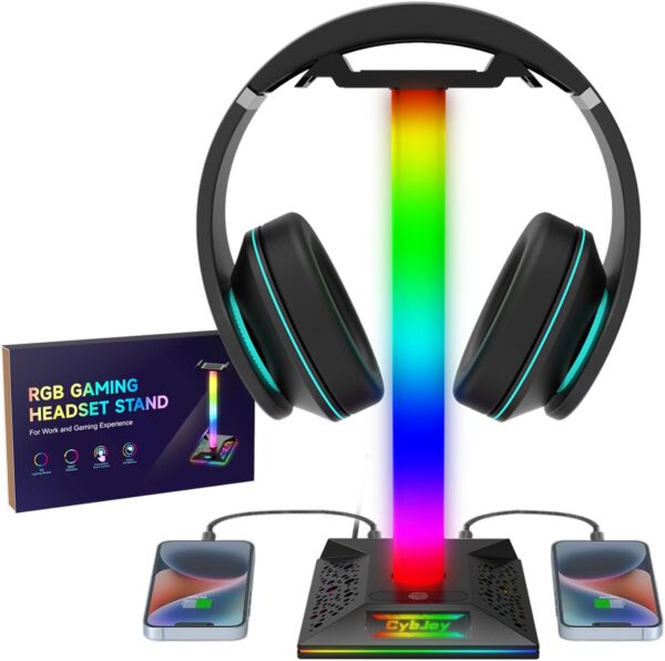 RGB Headset Stand, Gaming Headphone Stand with 2 USB Charging Ports,10 Light Modes Headset Holder PC Gaming Accessories, Suitable for All Earphone Accessories, Gift for Boys Men Gamers