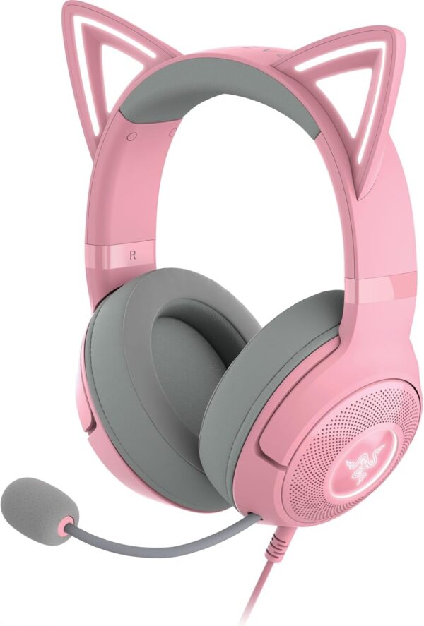 Razer Kraken Kitty V2 USB Wired Headset: Chroma RGB Kitty Ears - Stream Reactive Lighting - HyperClear Cardioid Mic - 40 mm Drivers - 7.1 Surround Sound - Comfortable Ear Cushions - Quartz Pink