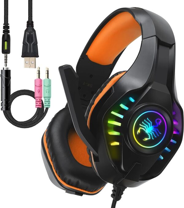 SVYHUOK Pro Gaming Headset for PC PS4 Xbox One Bass Surround Sound Over-Ear Headphones with Mic/LED Light/Soft Memory Earmuffs for Computer Laptop Switch Games Kids Boys Teens Gifts