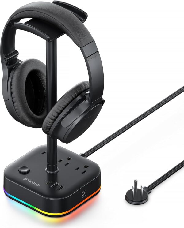 TROND Headphone Stand with USB C, Desk Gaming Headset Holder with 3 AC Outlets, 2 USB A and 1 USB C, Headset Stand with 5 RGB Light Modes, for Gaming Desk Accessories Gamer Boyfriend Gifts