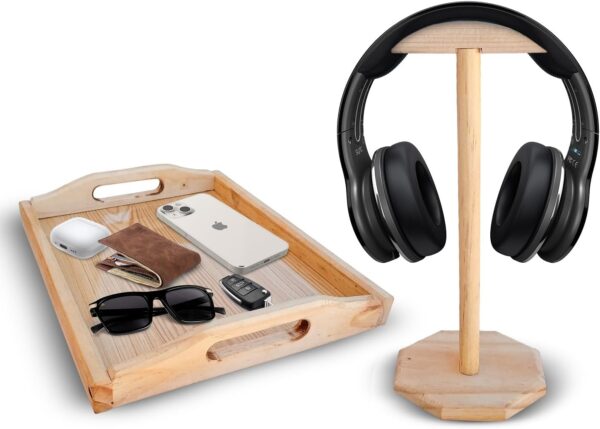 Wooden Headphone Stand & Desk Tray - Wood Headset Holder for Desktop, Gaming Gear, Earphones, Organizer for Keys, Wallet, Pen, Cosmetic, Jewelry, and Accessories Storage