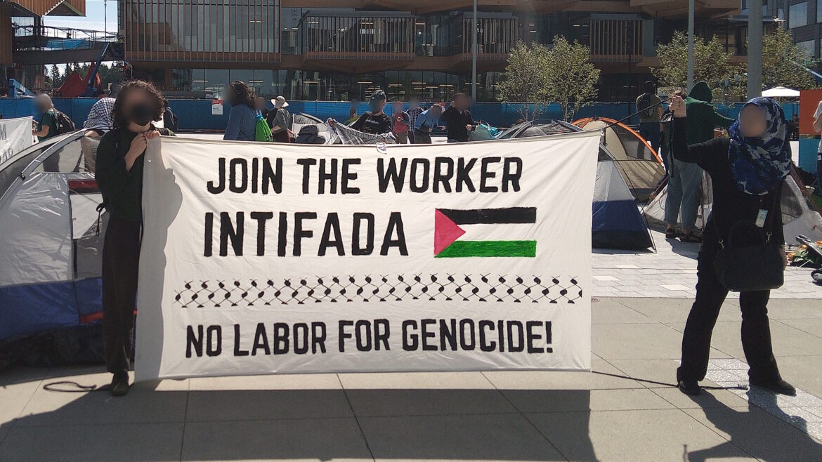 No Azure for Apartheid protesters holding Join the Worker Intifada - no labor for genocide! sign