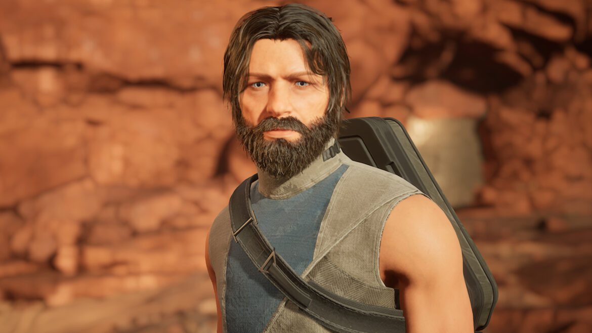 Dune: Awakening diamondine dust locations - A masculine character with a thick beard and scraggy hair standing against a cliff.