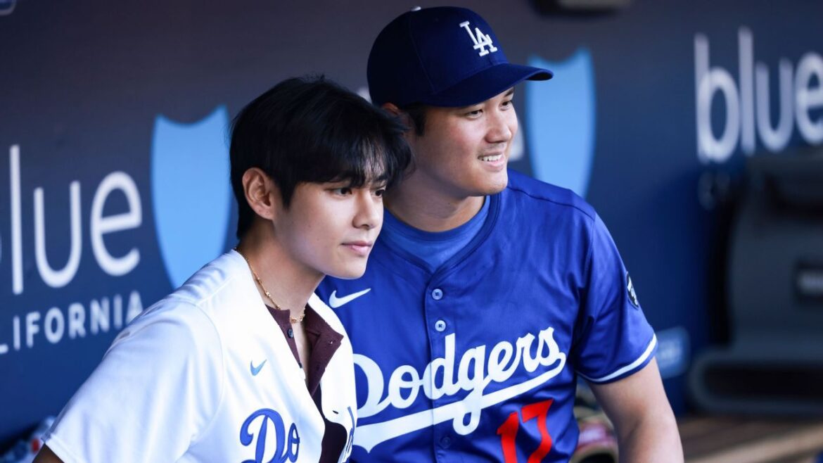 BTS' V poses with Shohei Ohtani, throws Dodgers first pitch