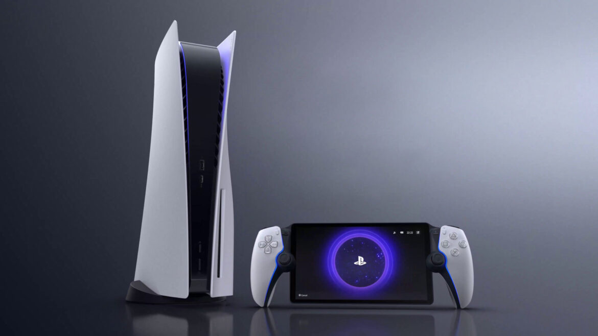 A promotional image created by Sony, showing its PlayStation 5 consoles next to its PlayStation Portal remote player.