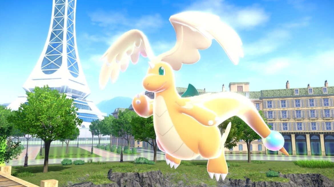 Mega Dragonite flying in Lumiose City.