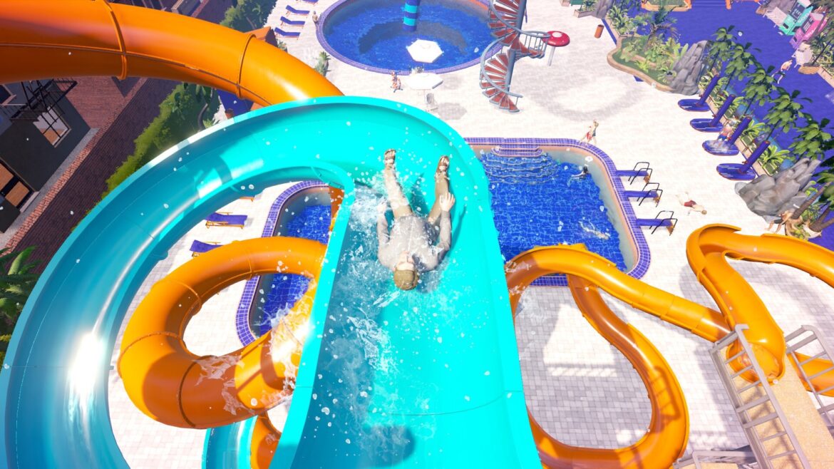 A screenshot from Waterpark Simulator showing a full-dressed man riding a looping water slide