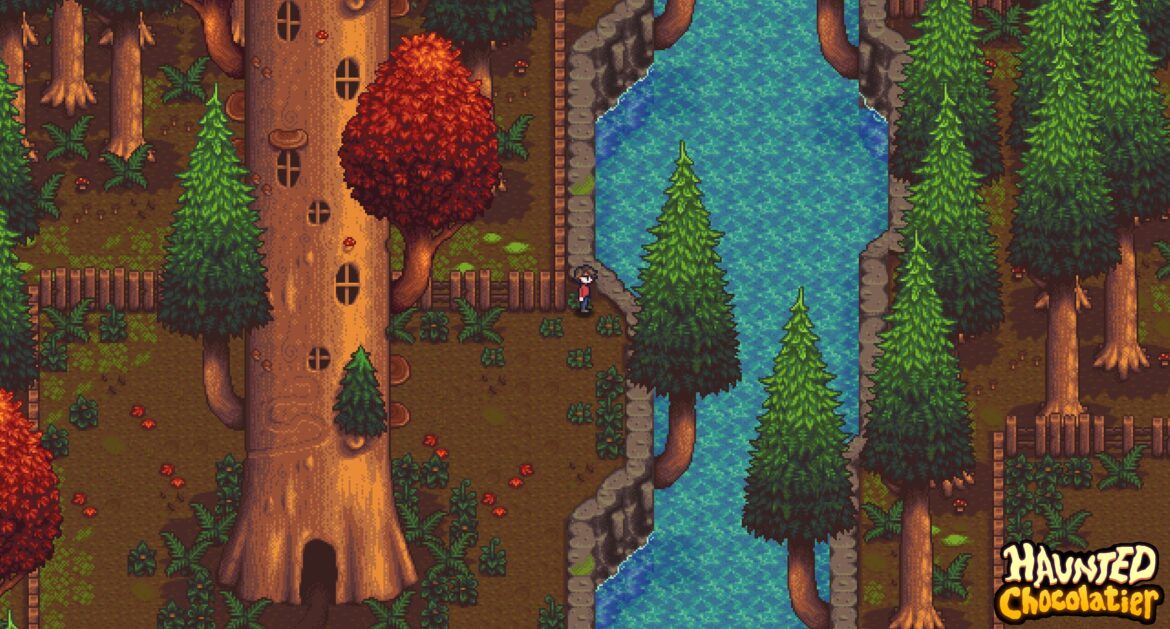 A screenshot from Haunted Chocolatier showing a small figure looking at a stream of water in an autumnal forest landscape