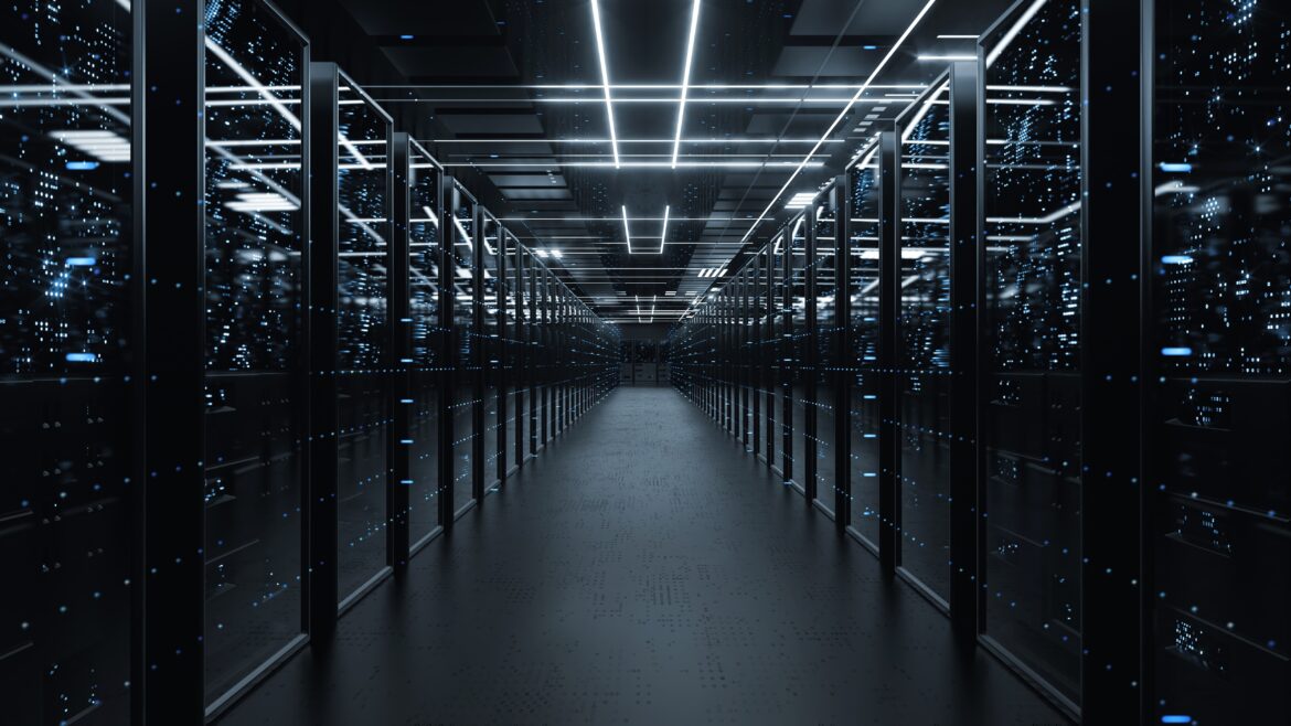 A dark render of a data center