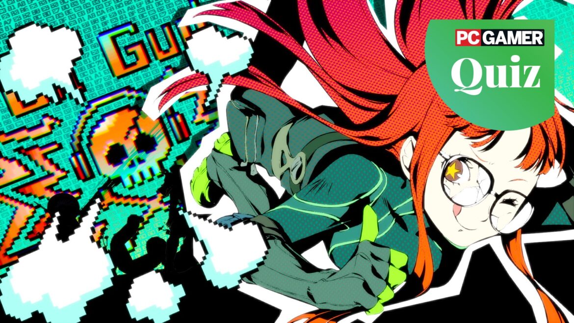 Futaba, the hacker character from Persona 5, and the PC Gamer quiz logo
