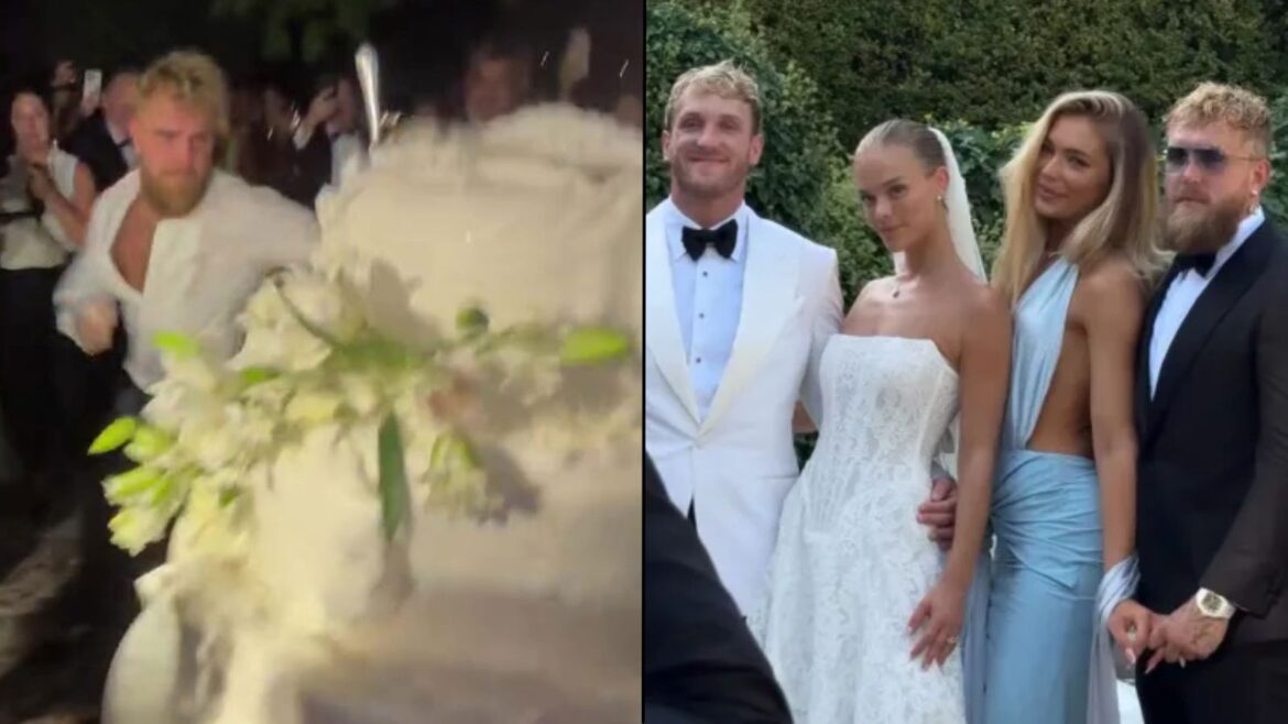 Jake and Logan Paul sat on porch talking to camera in white and grey t-shirts