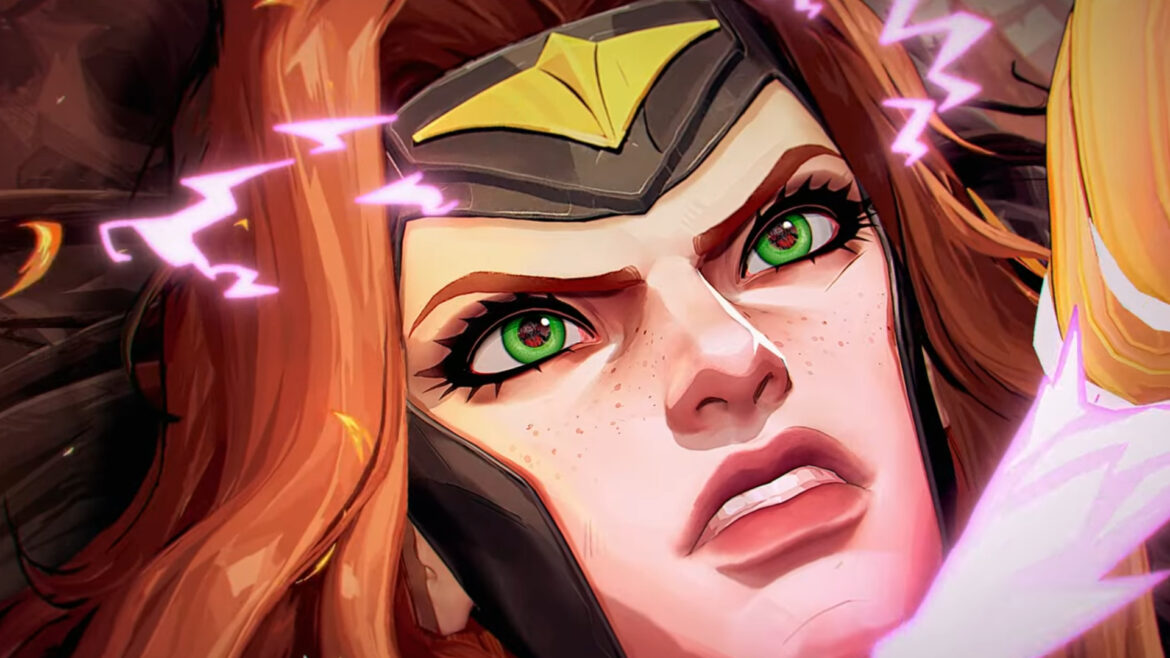 Marvel Rivals Season 3: Phoenix gritting her teeth as she's pinned to the ground by Hela, who's out of frame.