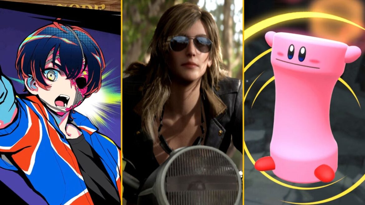 A character from Shuten Order, Eva from MGS Delta, and Kirby are arranged in a composite image.