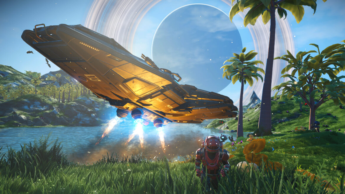 A spaceship landing on an alien planets