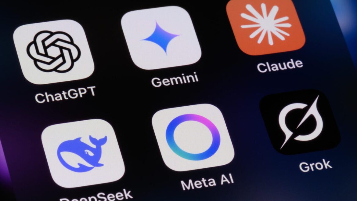 A phone showing icons for several AI chatbots.