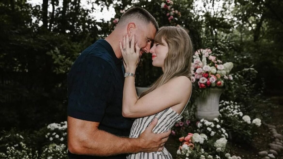Taylor Swift and Travis Kelce embrace in engagement photo