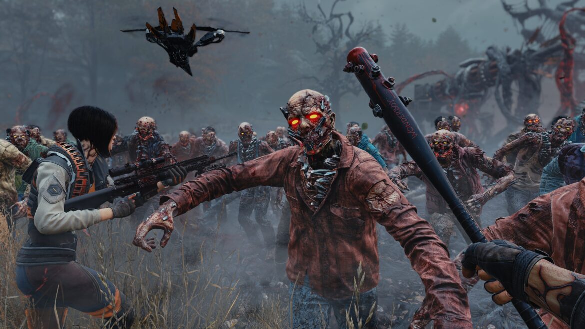 Promotional screenshot of Toxic Commando, showing dozens of zombies attacking a group of players.