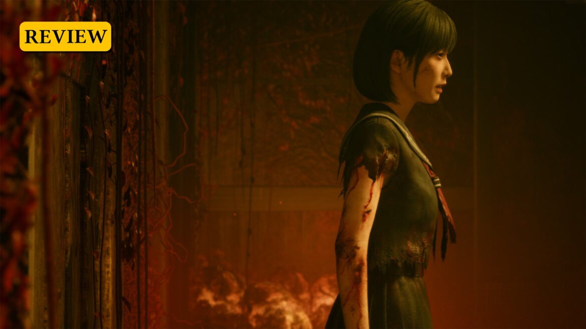 Hinako stands in profile in a tattered school uniform as she's surrounded by red plants.