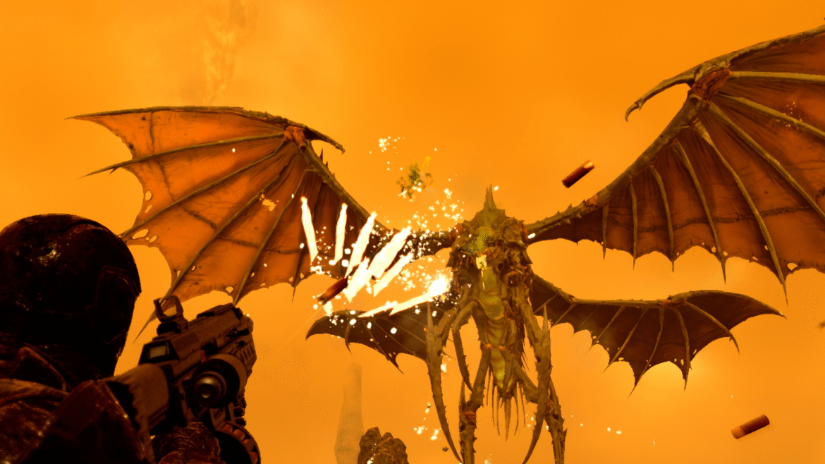 A large Dragon Roach in Helldivers 2 looms in front of a soldier trying to shoot it down.