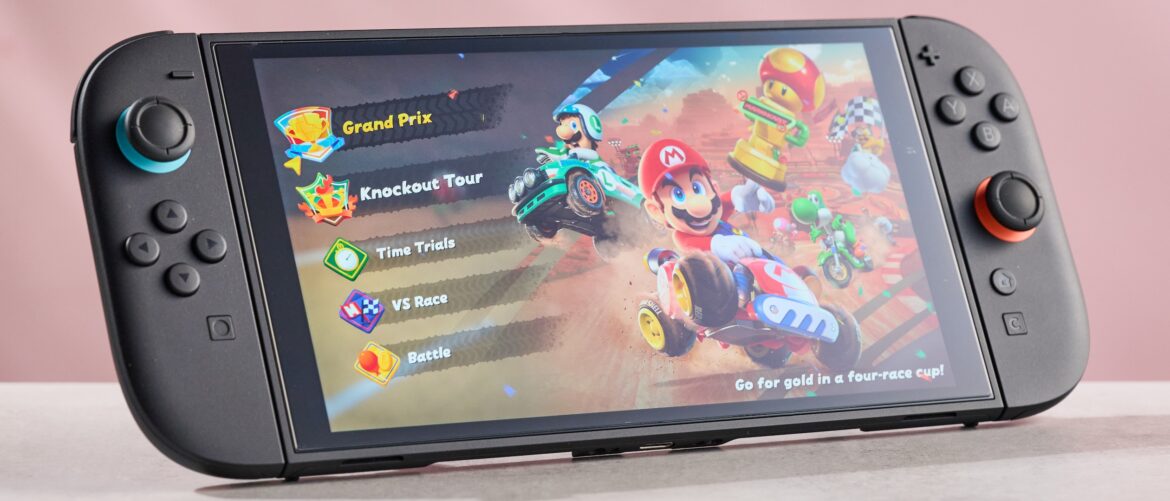 Belkin Tempered Glass Screen Protector for Nintendo Switch 2: affordable, The Nintendo Switch 2 with the Belkin Tempered Glass Anti-Reflective Screen Protector applied; Mario Kart World is displayed on screen with bright, vibrant colors.