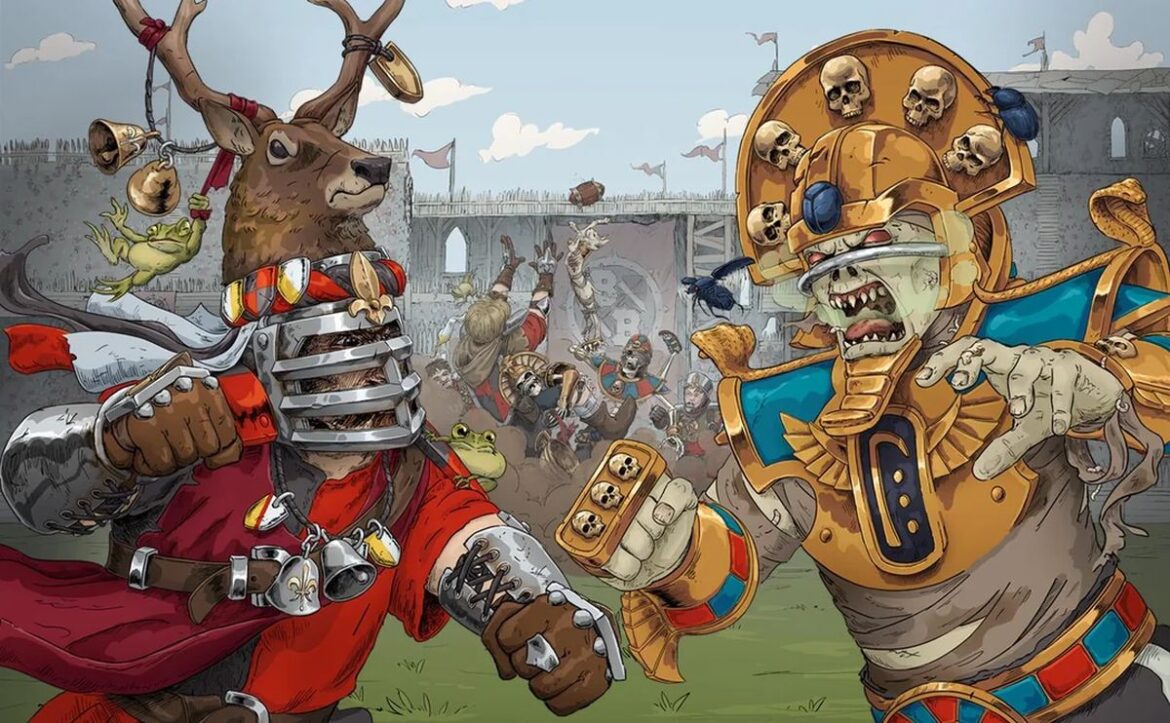 A Bretonnian knight faces off against a Tomb King on the cover of Blood Bowl's third season edition