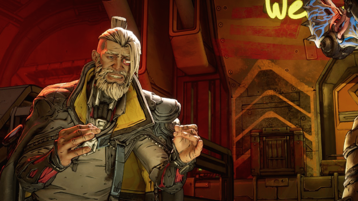 Zane, from Borderlands 4, pinches his fingertips expressively as he tries to communicate something so someone off screen.