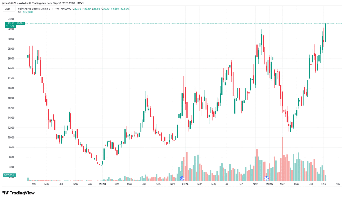 CoinShares BTC Mining ETF Hits Record High as AI Stocks A man looks a chart on his laptop.