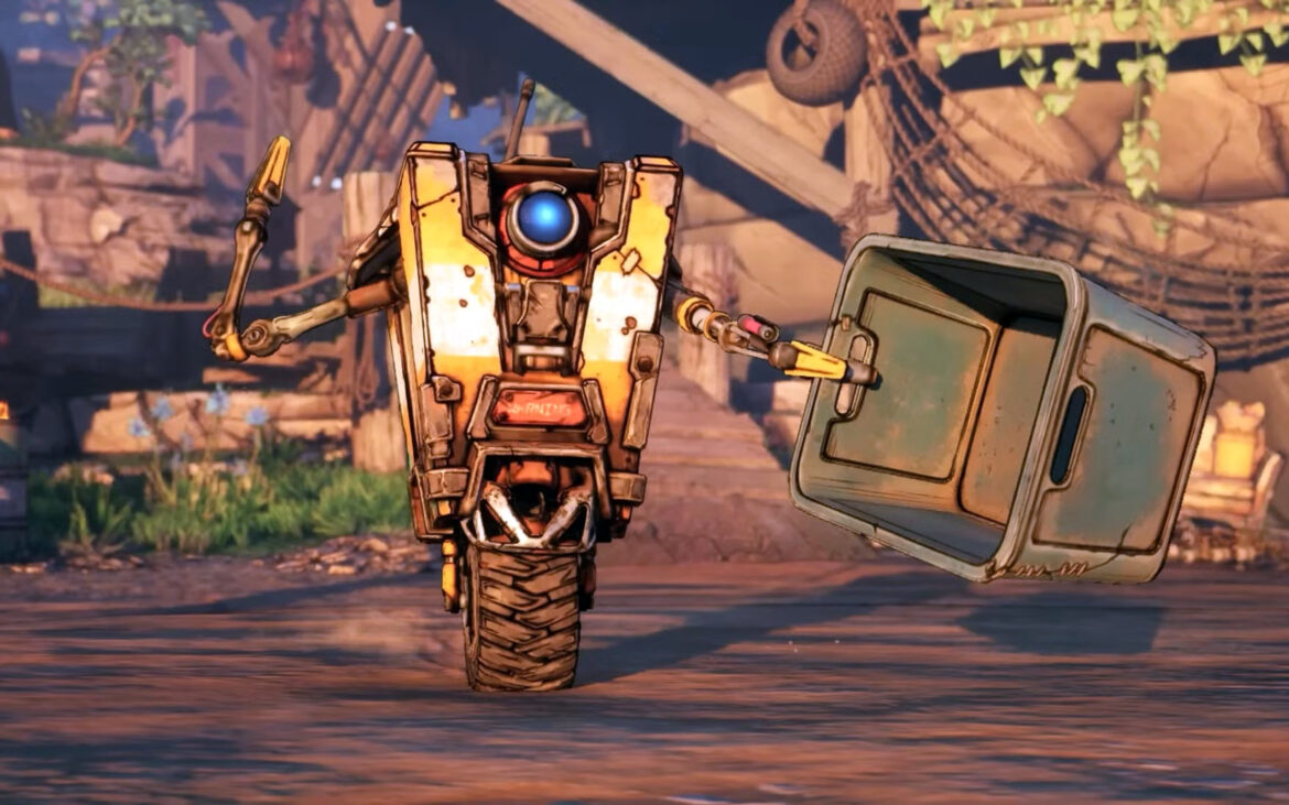 Borderlands 4 elevator clearance: Claptrap moving towards the camera while holding an empty box out with his left hand.