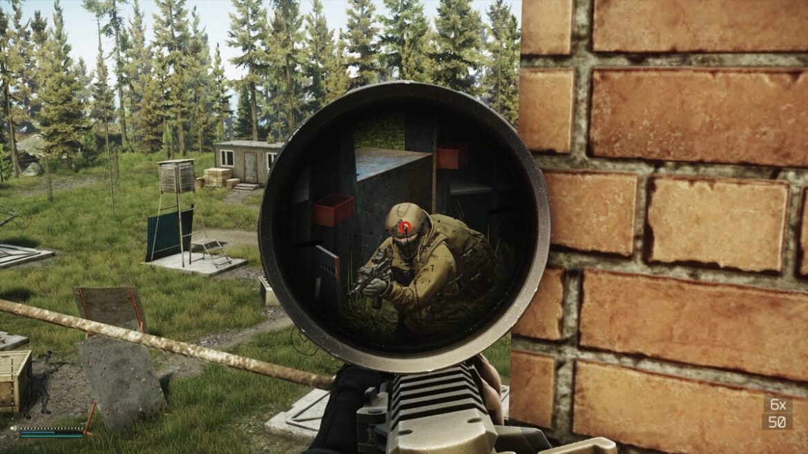 An enemy soldier is in the player's sights.