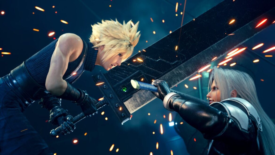 Cloud and Sephiroth clash in battle.