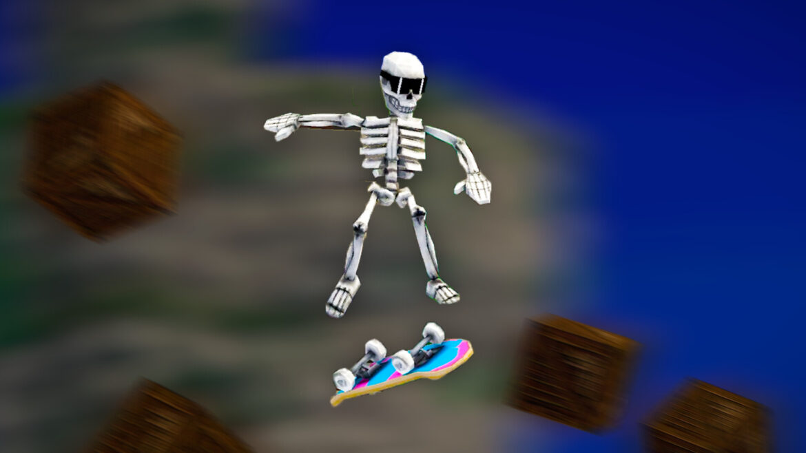 A skeleton doing a trick on a skateboard
