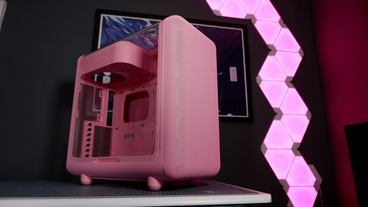 The Hyte X50 PC case on a desk ready to be built into for testing and review.