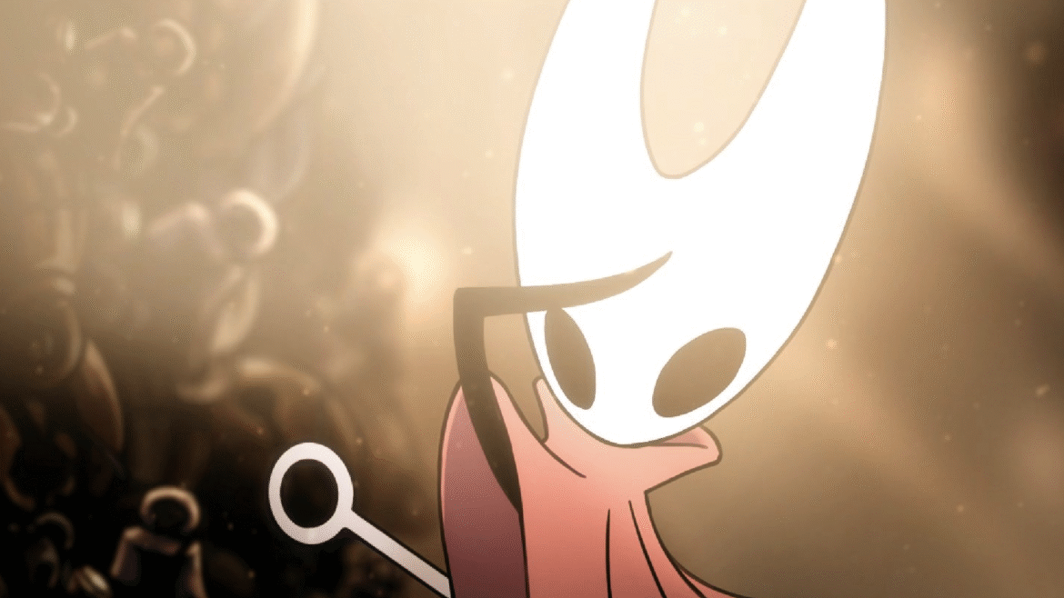Hornet holds a hand up to her mask to help shade her eyes from a sunbeam in Hollow Knight: Silksong.
