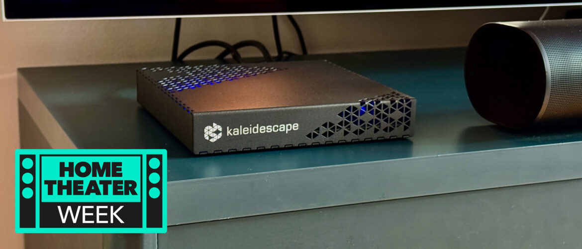 Kaleidescape Strato E Movie Player on a blue TV unit.