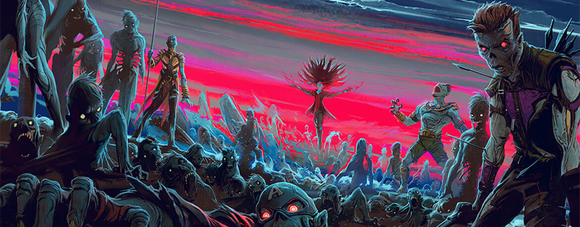 A screenshot of the official poster for Marvel Zombies, which shows Wanda commanding her undead horde