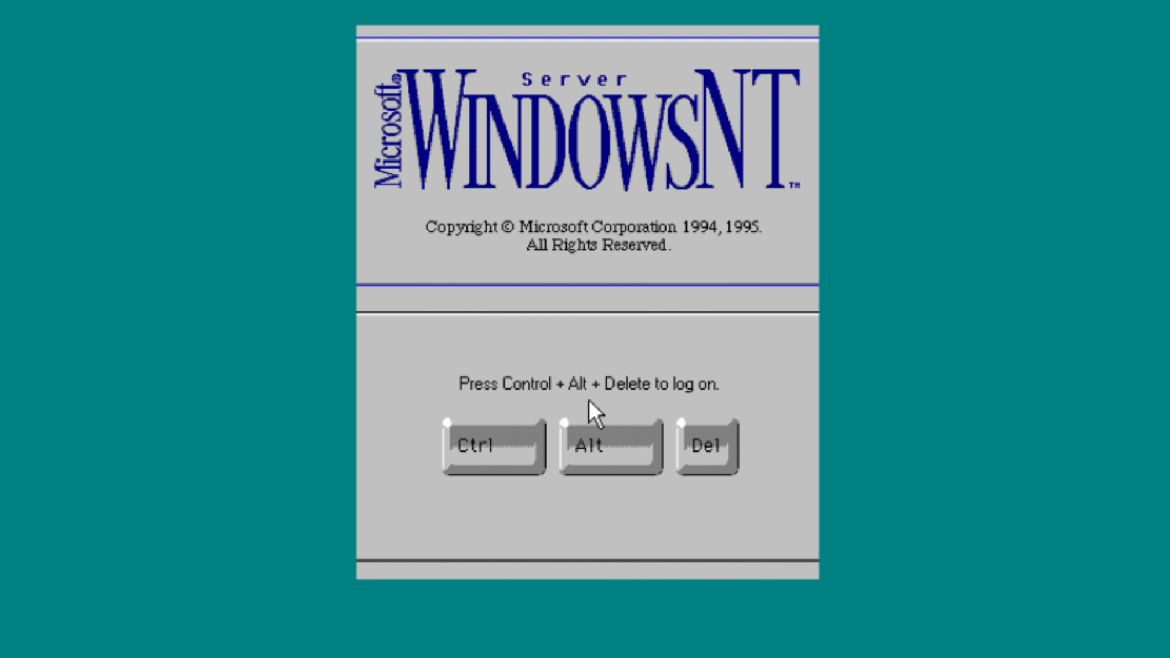 A screenshot of the Windows NT Server logon screen, which requires you to press Ctrl+Alt+Del to proceed