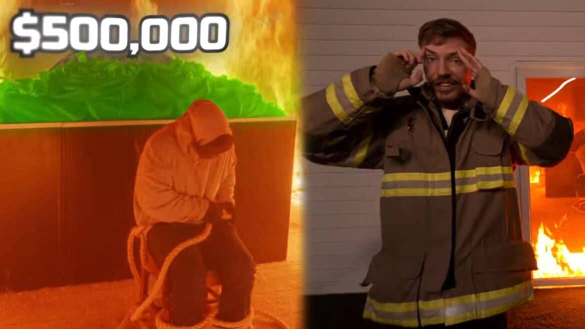 A photo of MrBeast against a background of dollar signs.