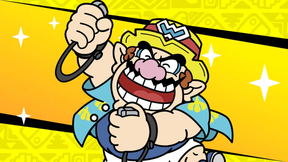 Wario grinning and dancing with a pair of JoyCons.