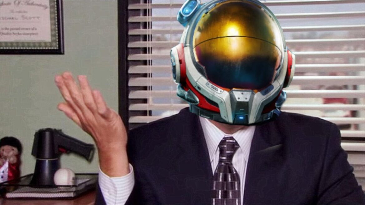 No Man’s Sky Fan Rebuilds The Office A picture of Michael Scott from The Office shows a space helmet from No Man's Sky superimposed on his face.