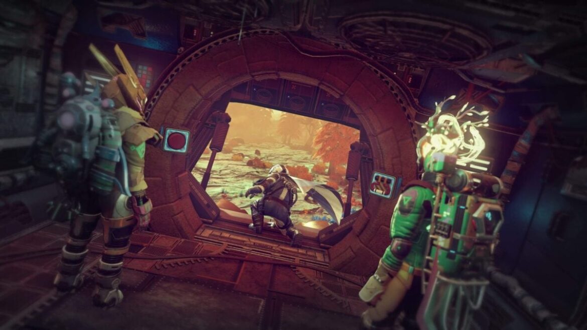 Player characters stand at a ship's entrance.