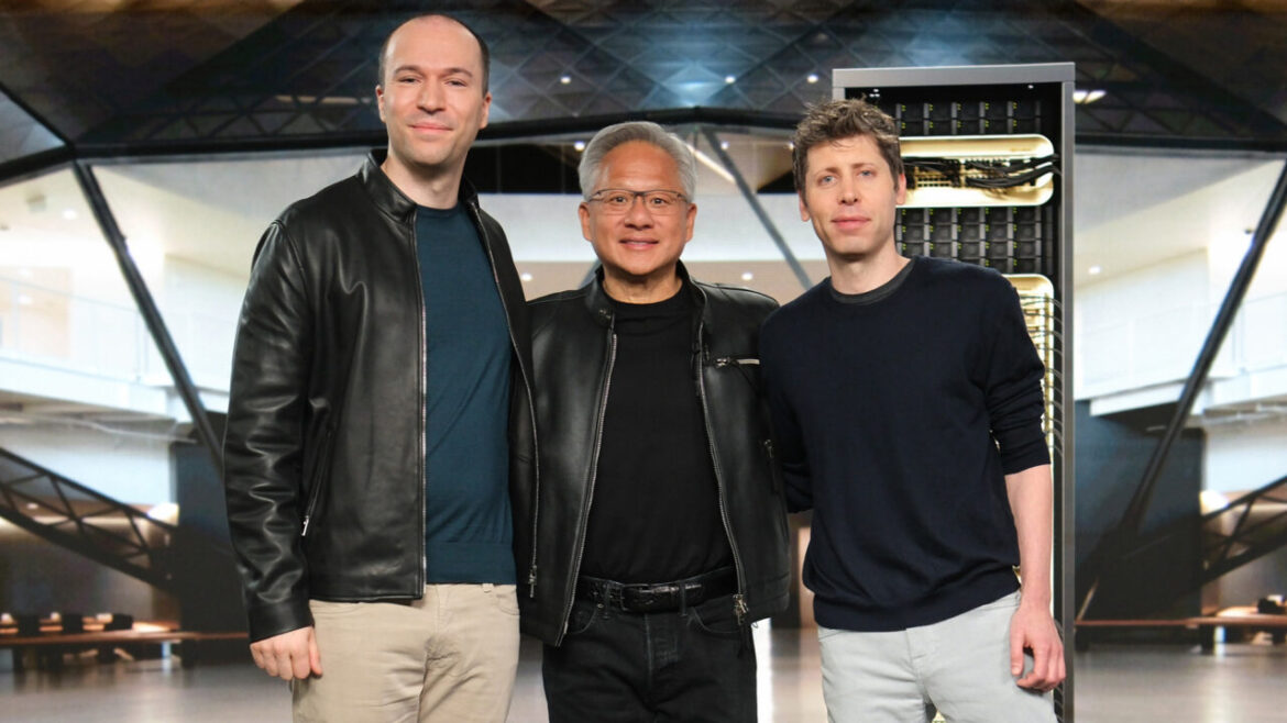 (L to R): OpenAI President Greg Brockman, NVIDIA Founder and CEO Jensen Huang, and OpenAI CEO Sam Altman are seen standing side by side.