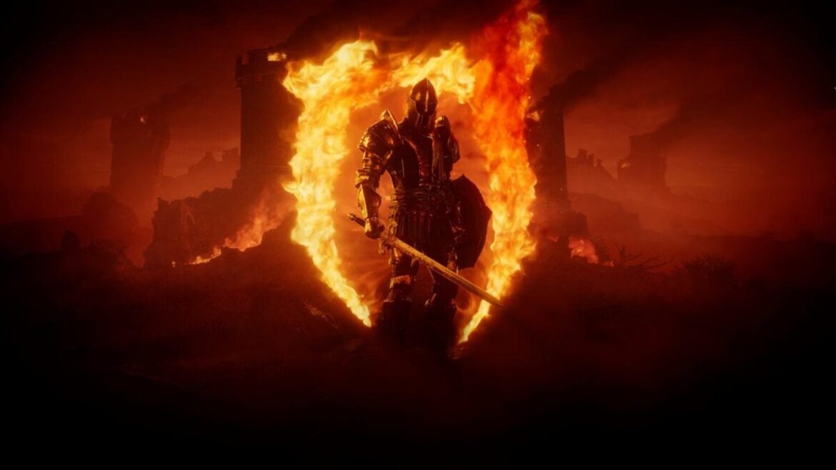 A knight stands in the middle of an Oblivion symbol ablaze with fire.