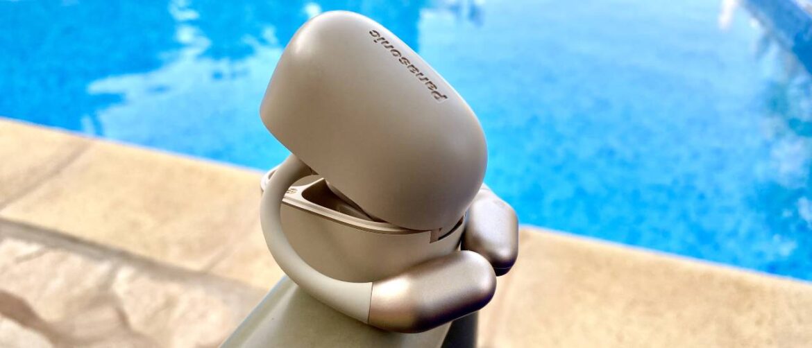 Panasonic RB-F10 open earbuds and carry case beside a swimming pool