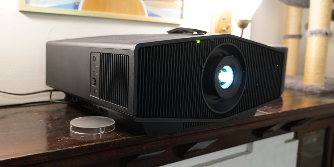 Sony Bravia Projector 7 on table with laser turned on