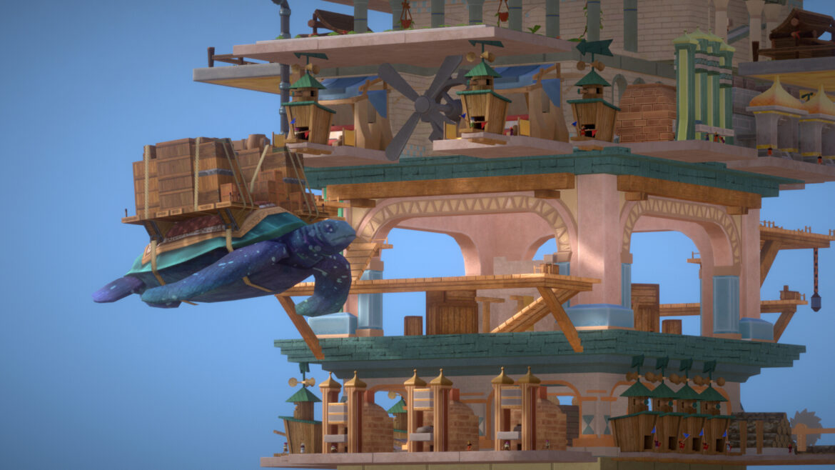A flying turtle with a pallet of packages strapped to its back flies alongisde a gigantic tower of buildings.