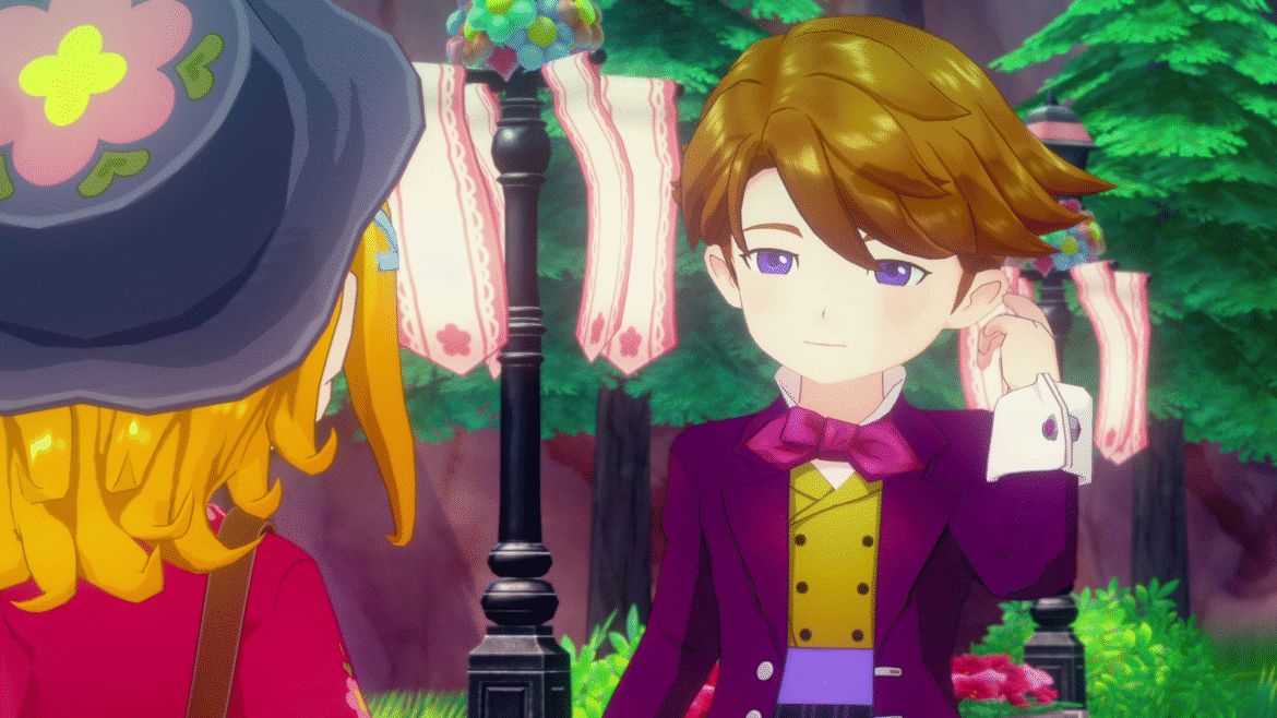 Story of Seasons: Grand Bazaar gift guide for romanceable characters Story of Seasons - A cahacter in a purple tuxedo stands outside in a town square talking to the player