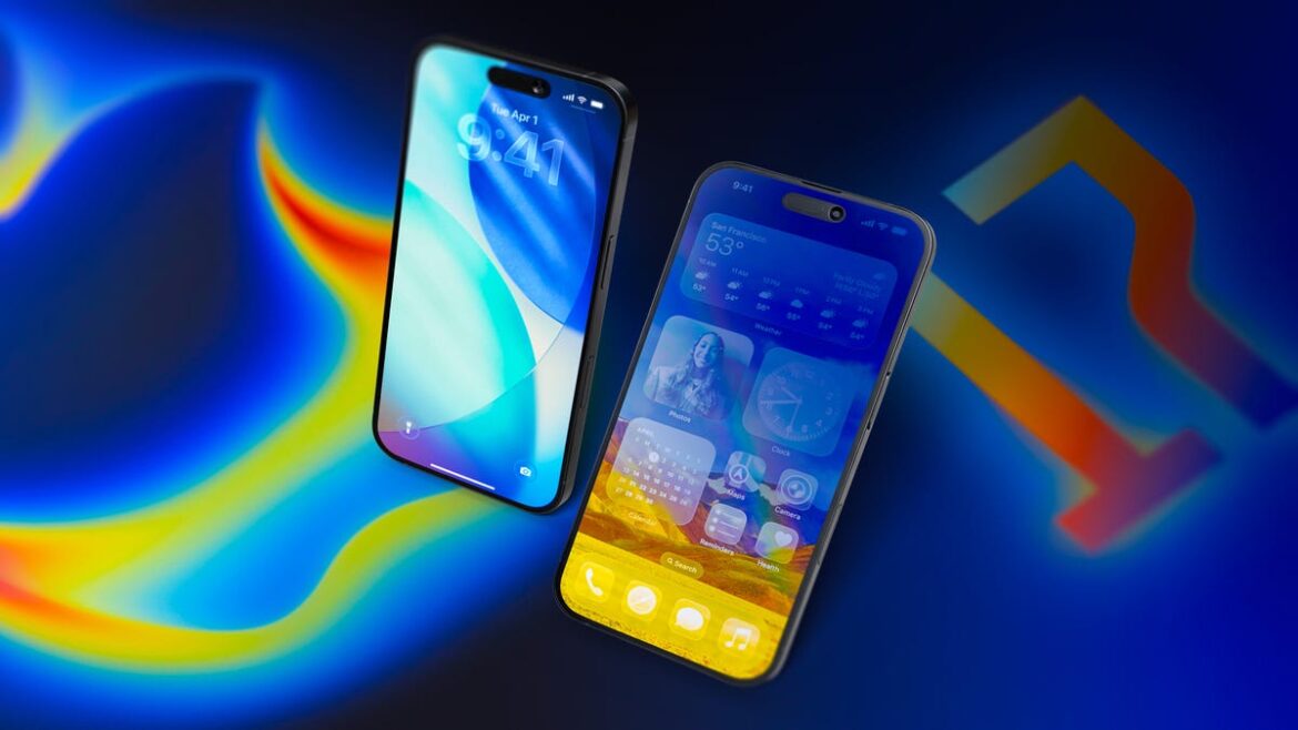 Render of the iPhone 17 with Liquid Glass display. It&apos;s floating in a void with a representation of the Apple heatmap logo from the event invites in the background.